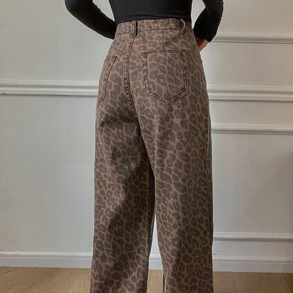 Coffee Brown Casual Women's Loose Leopard Print Cotton Pants - Picture 2 of 9